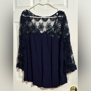 Pinky Elegant Navy Crochet Lace Top - 2X